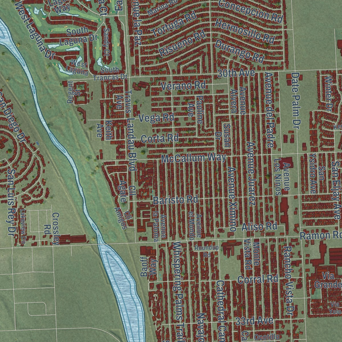 Close-up of the map of Cathedral City, California print showing street and building detail