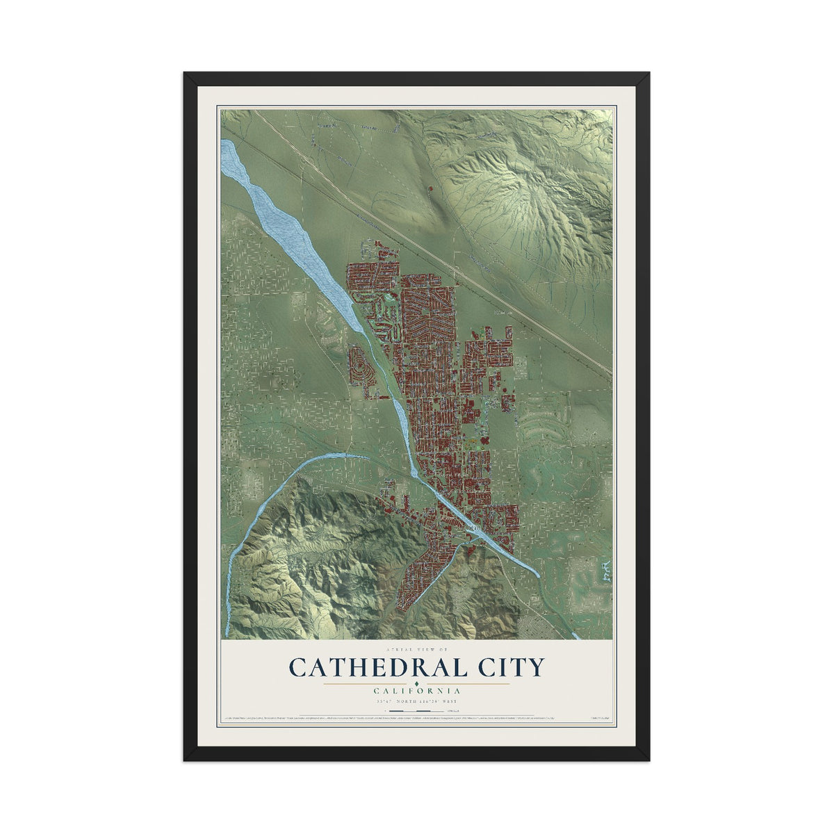Map of Cathedral City, California, 12 x 18 inch print in a black wood frame