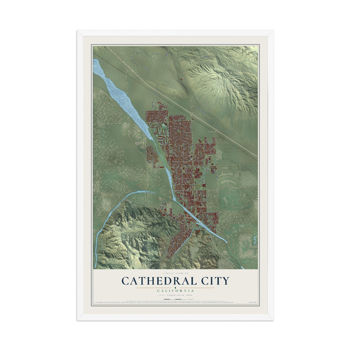 Map of Cathedral City, California, 12 x 18 inch print in a white wood frame