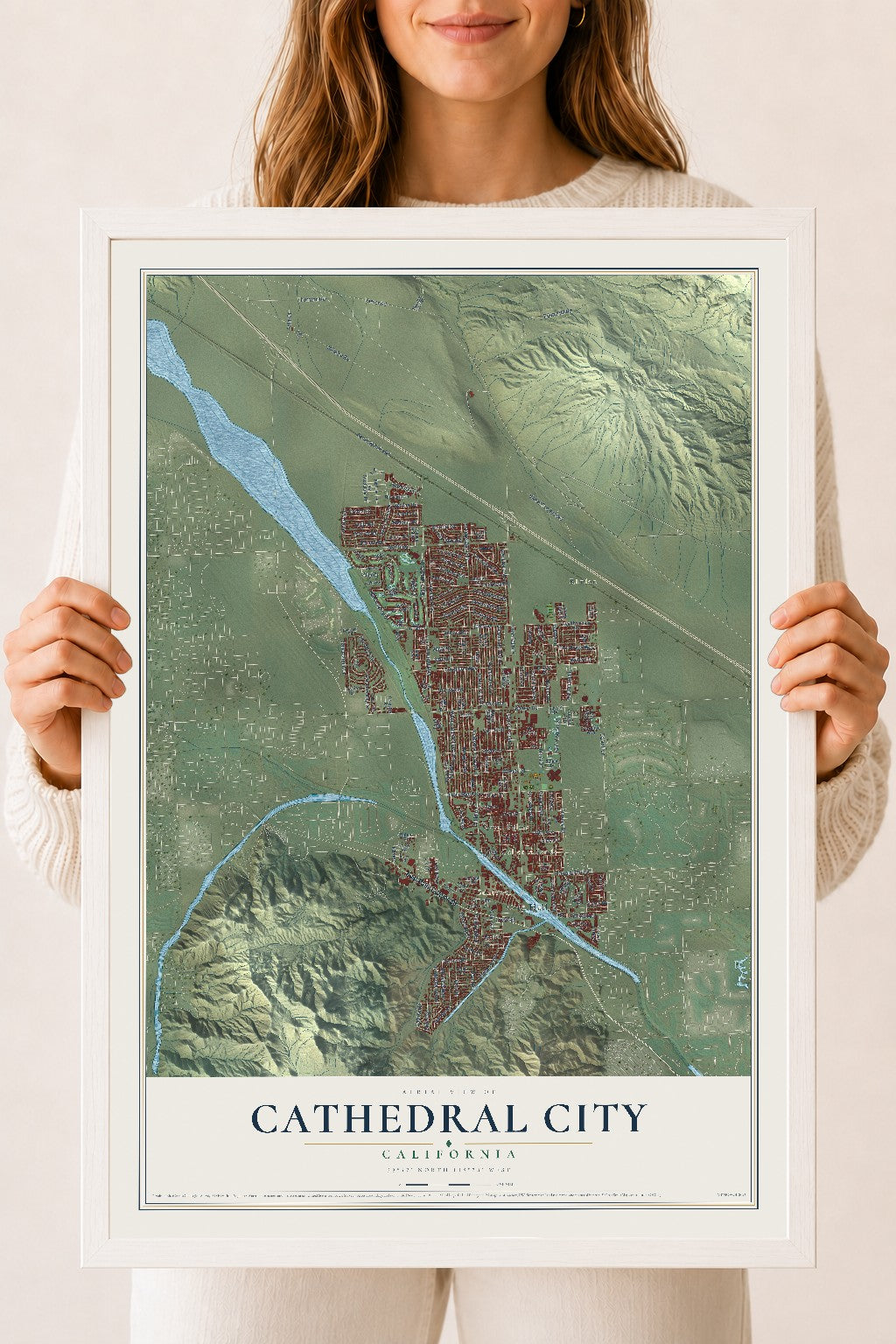 Map of Cathedral City, California, 18 x 24 inch print in a white wood frame