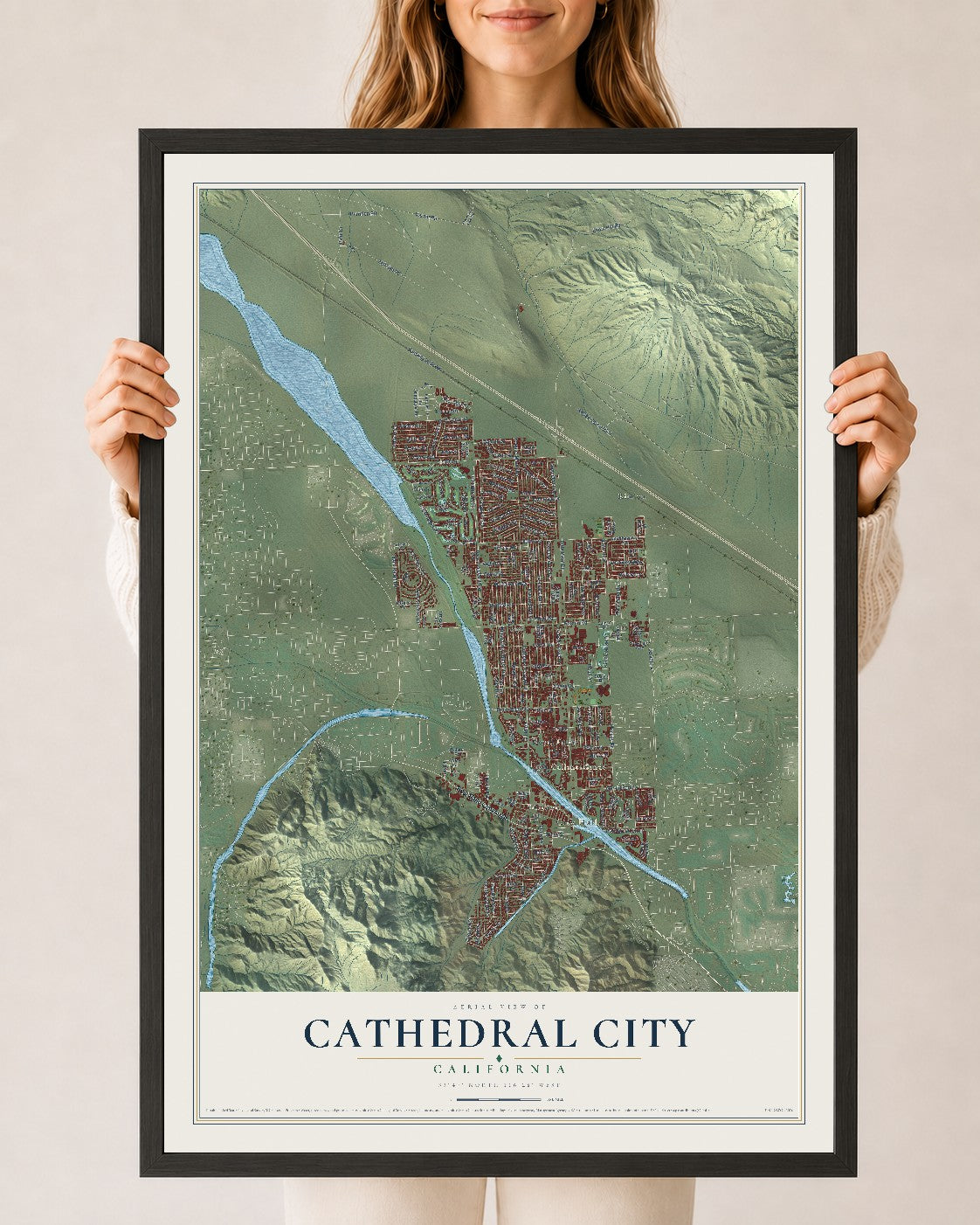 Map of Cathedral City, California, 24 x 36 inch print in a black wood frame