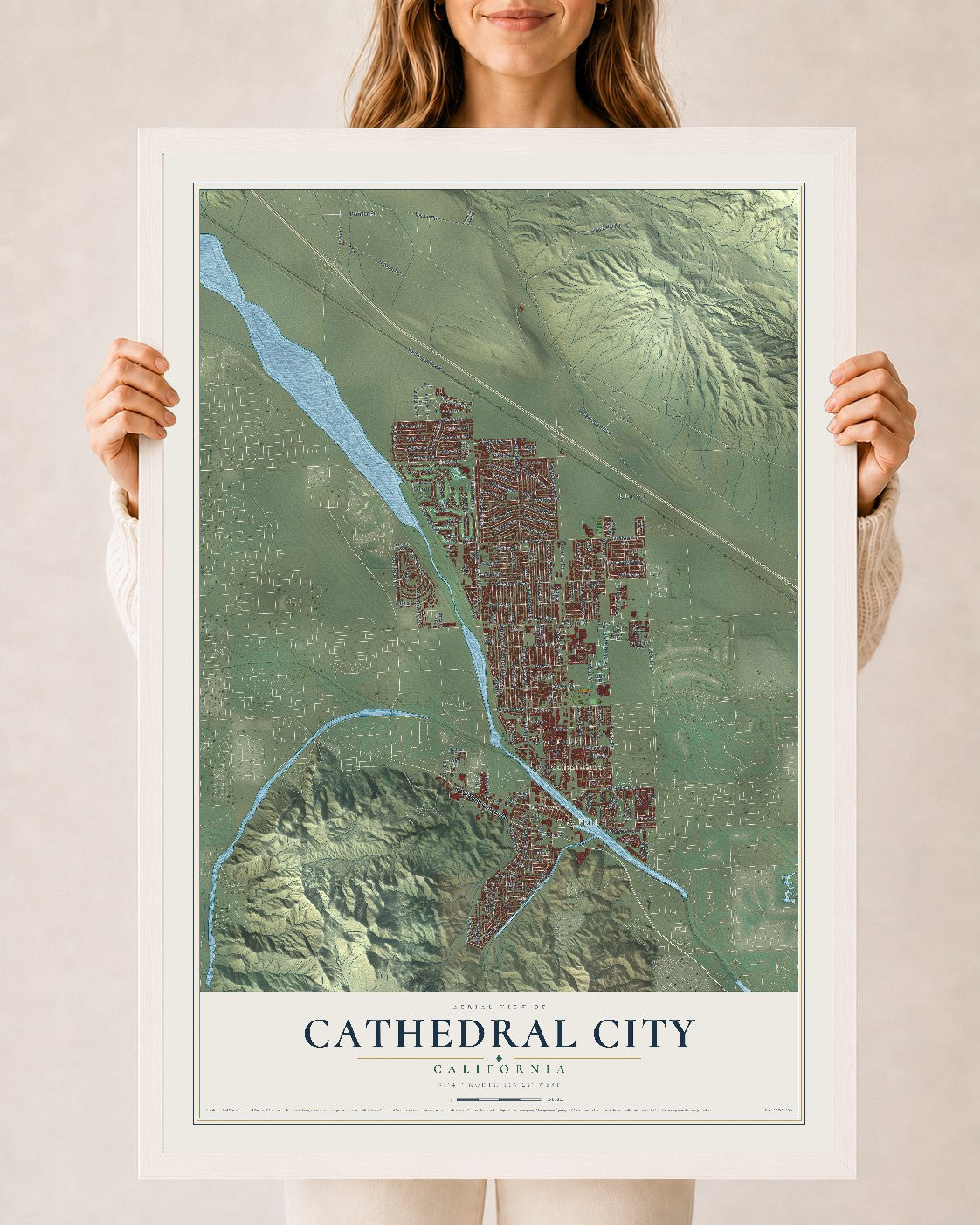 Map of Cathedral City, California, 24 x 36 inch print in a white wood frame