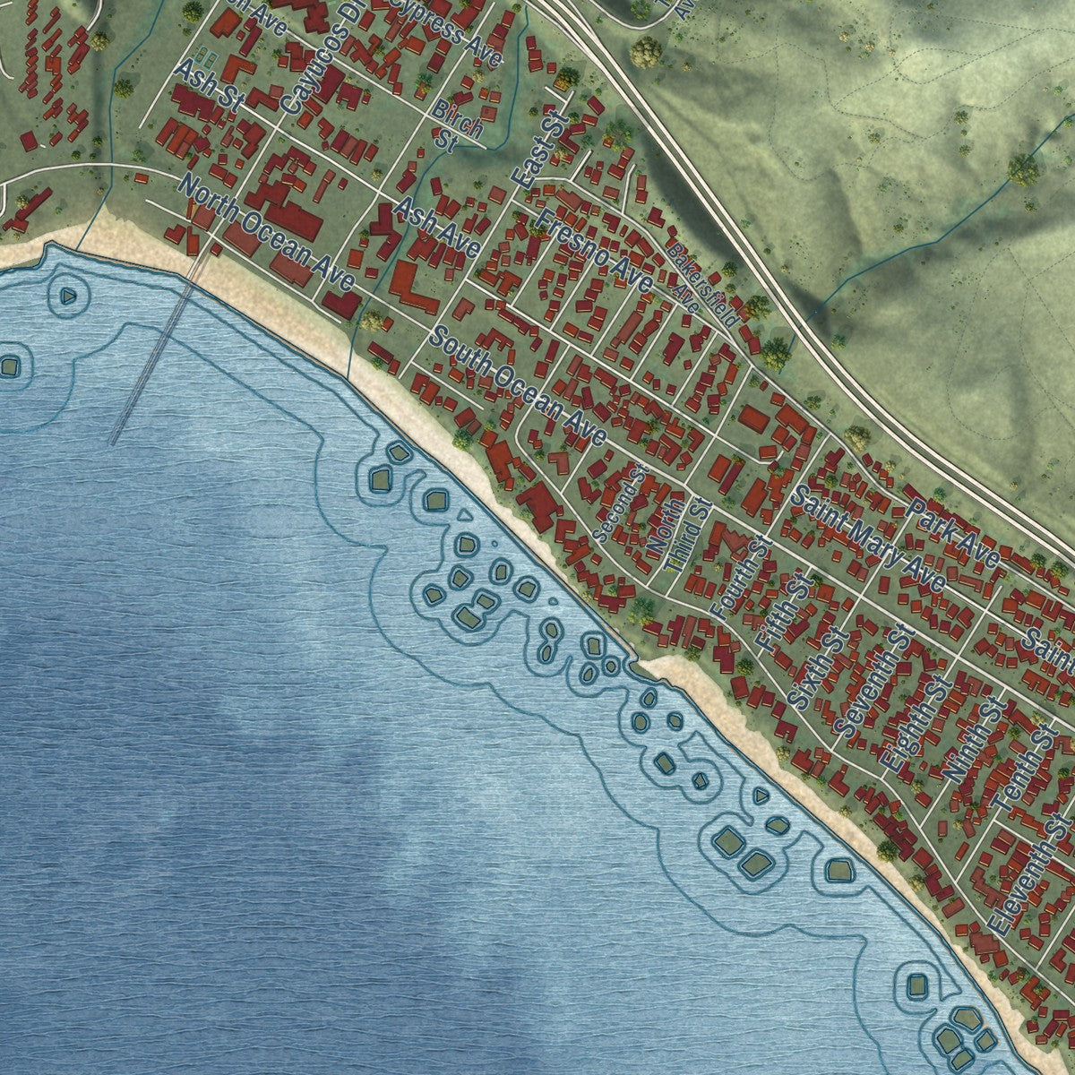 Close-up of the map of Cayucos, California print showing street and building detail