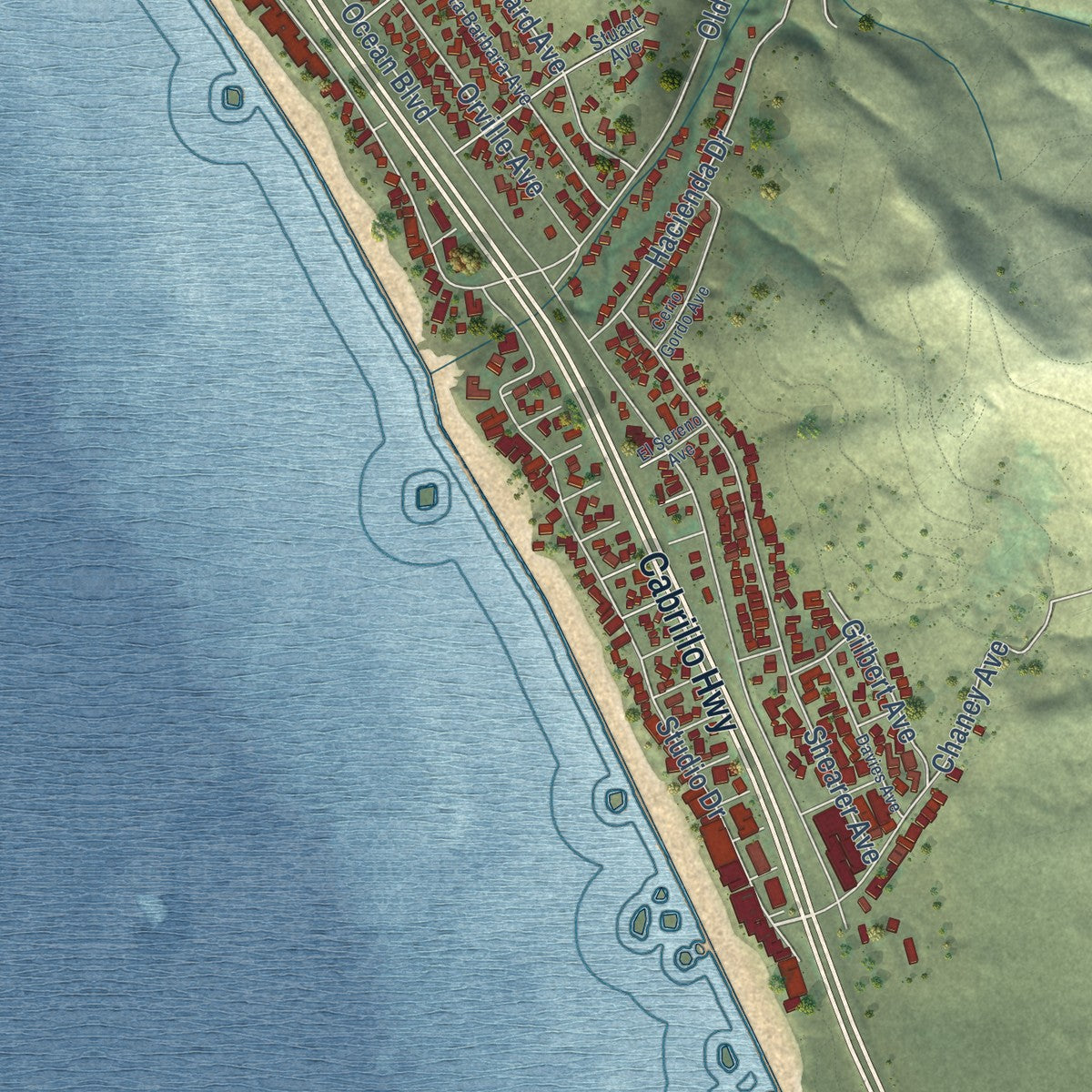 Second close-up of the map of Cayucos, California print showing more streets and buildings