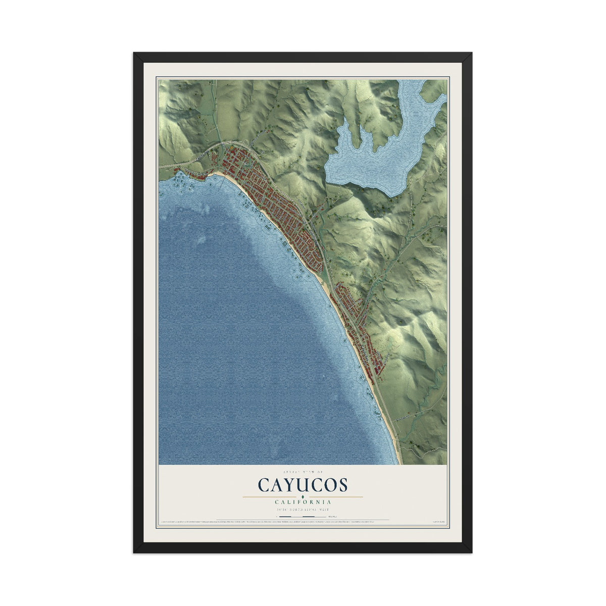 Map of Cayucos, California, 12 x 18 inch print in a black wood frame
