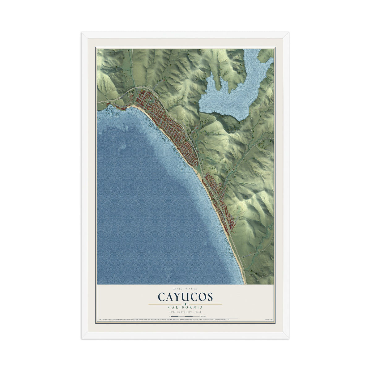 Map of Cayucos, California, 12 x 18 inch print in a white wood frame