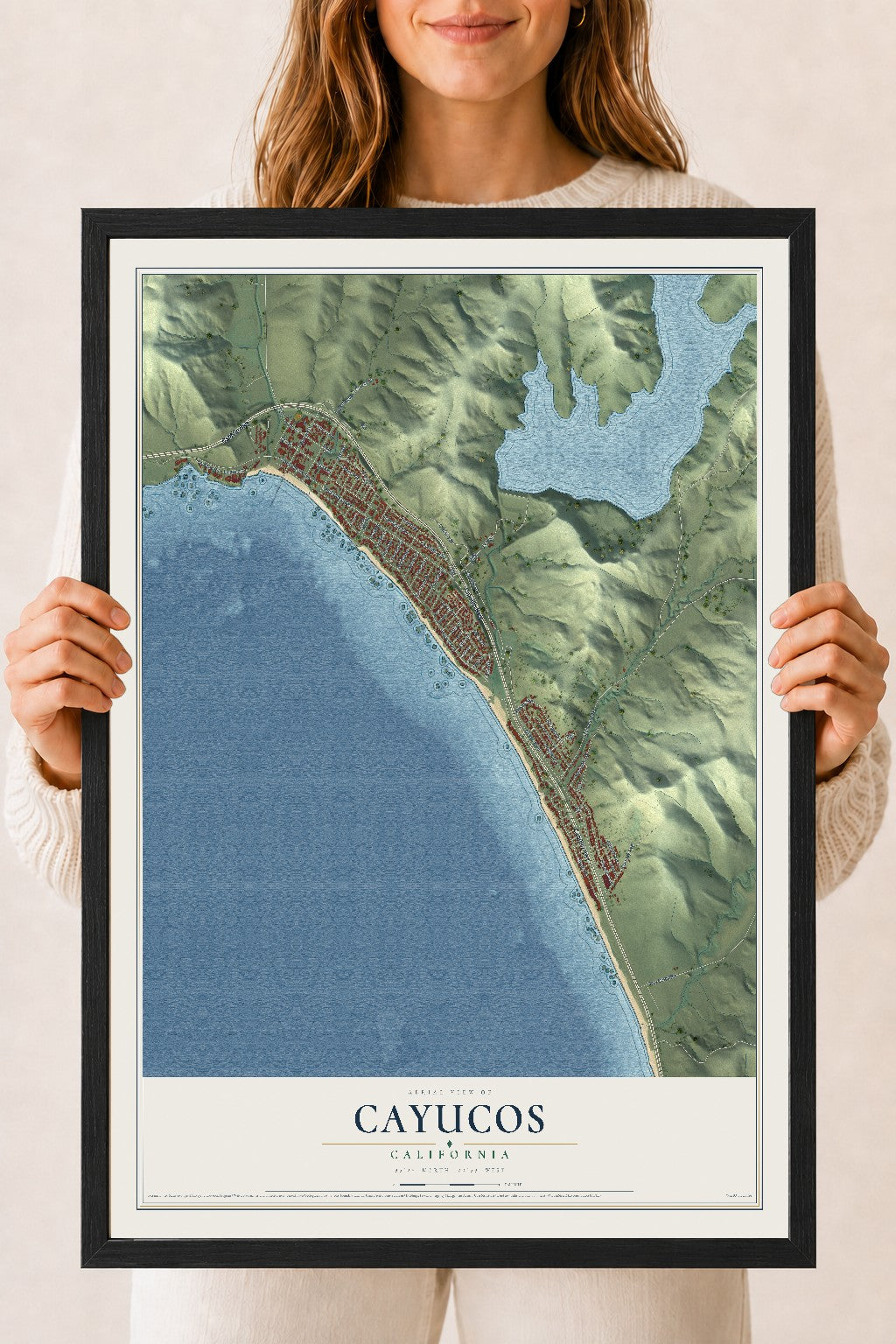 Map of Cayucos, California, 18 x 24 inch print in a black wood frame