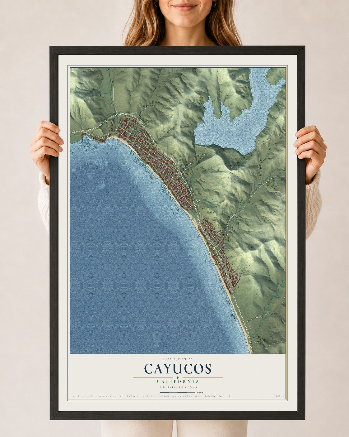 Map of Cayucos, California, 24 x 36 inch print in a black wood frame