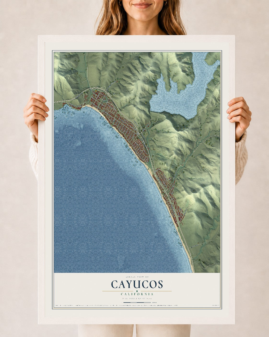 Map of Cayucos, California, 24 x 36 inch print in a white wood frame