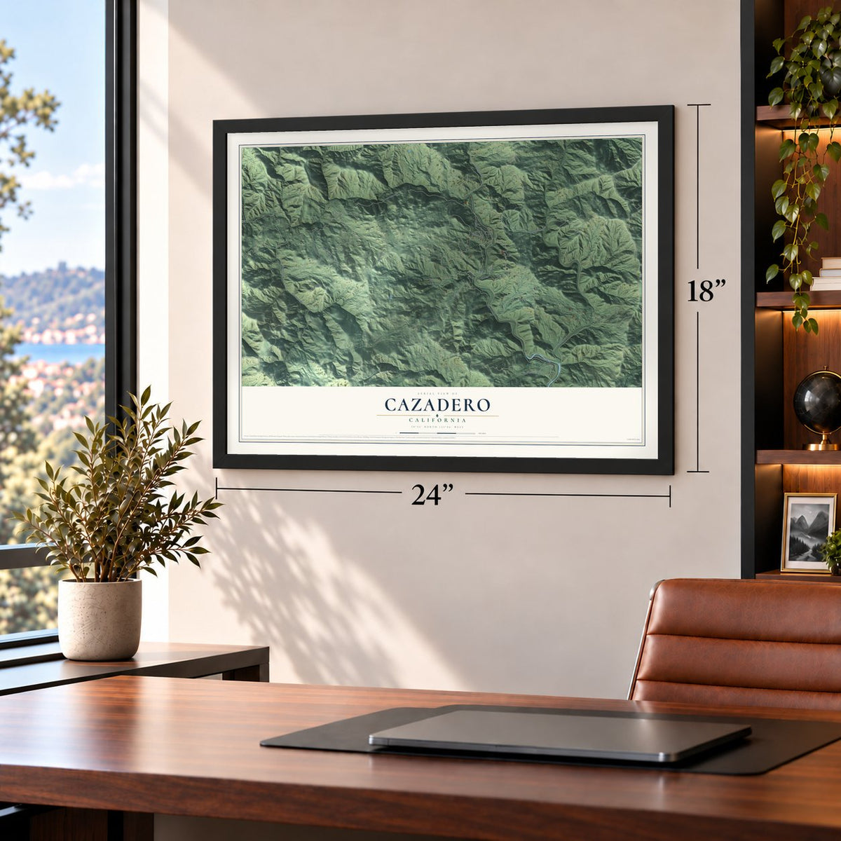 Cazadero, California map, 18 x 24 inch print in a black frame in a home office