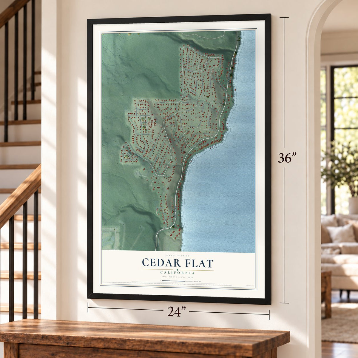 Cedar Flat, California map, 24 x 36 inch print in a black frame by a staircase