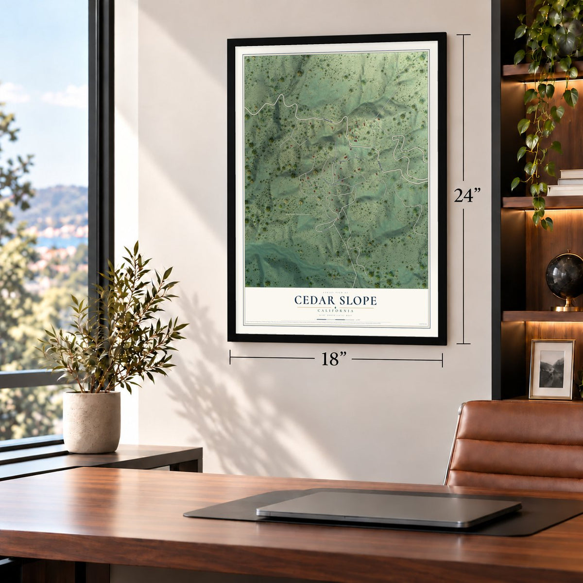 Cedar Slope, California map, 18 x 24 inch print in a black frame in a home office