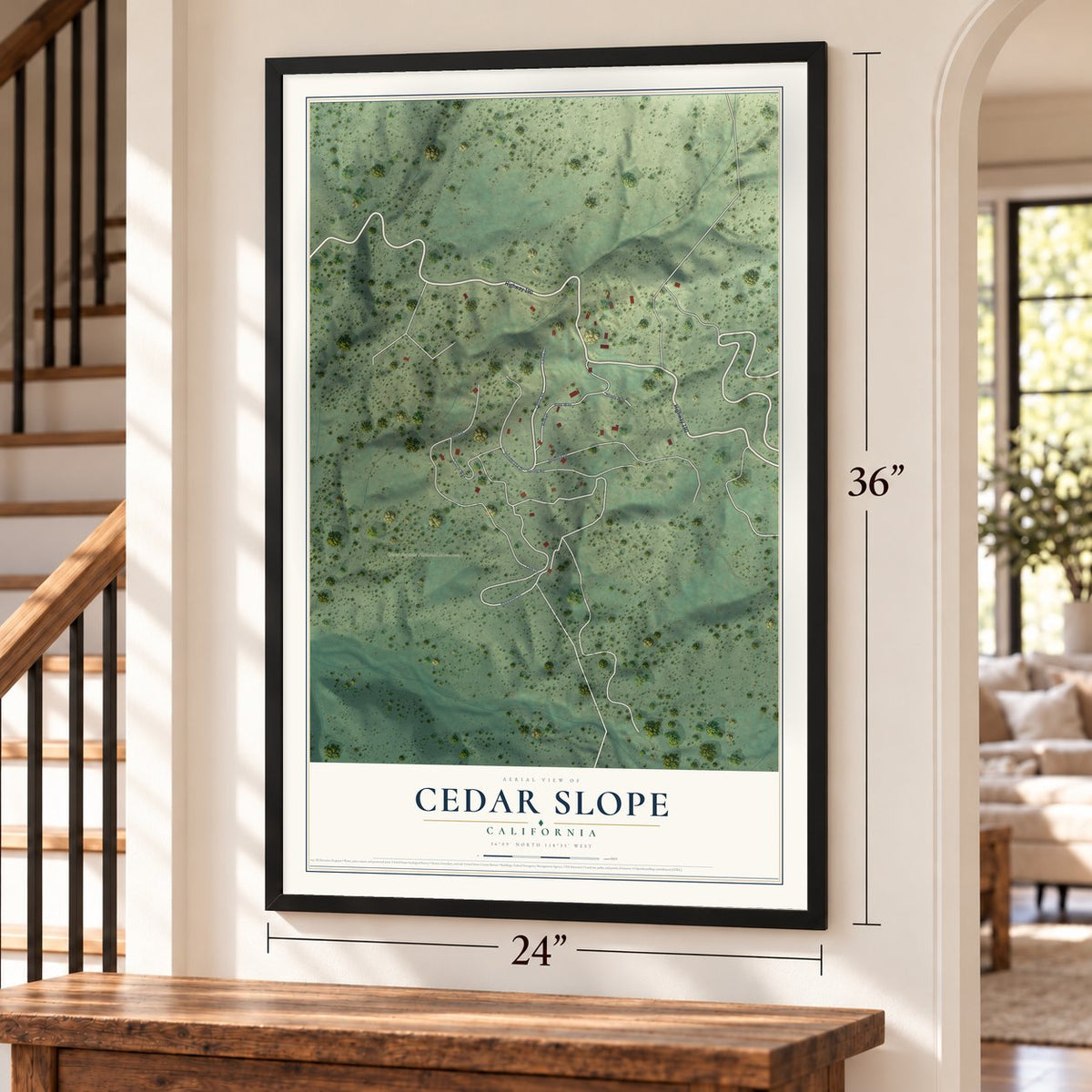 Cedar Slope, California map, 24 x 36 inch print in a black frame by a staircase