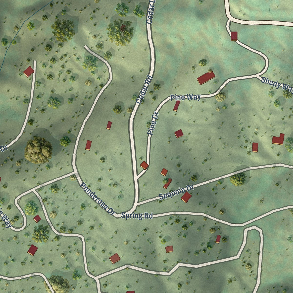 Close-up of the map of Cedar Slope, California print showing street and building detail