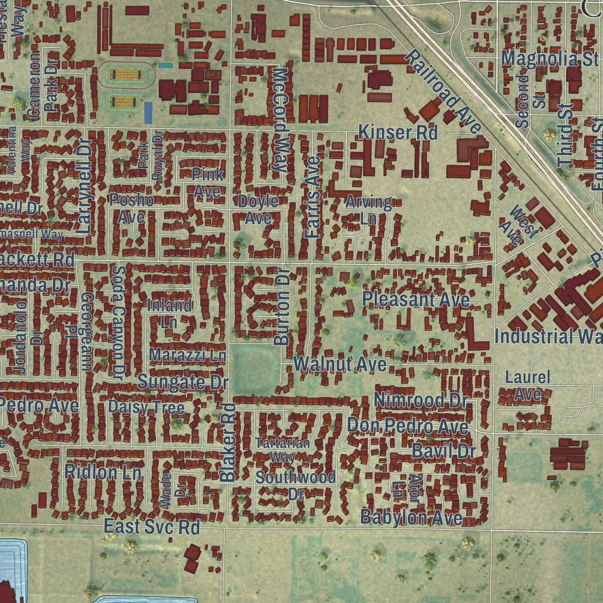 Close-up of the map of Ceres, California print showing street and building detail