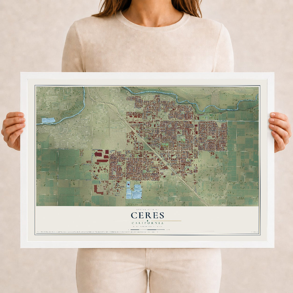 Map of Ceres, California, 12 x 18 inch print in a white wood frame