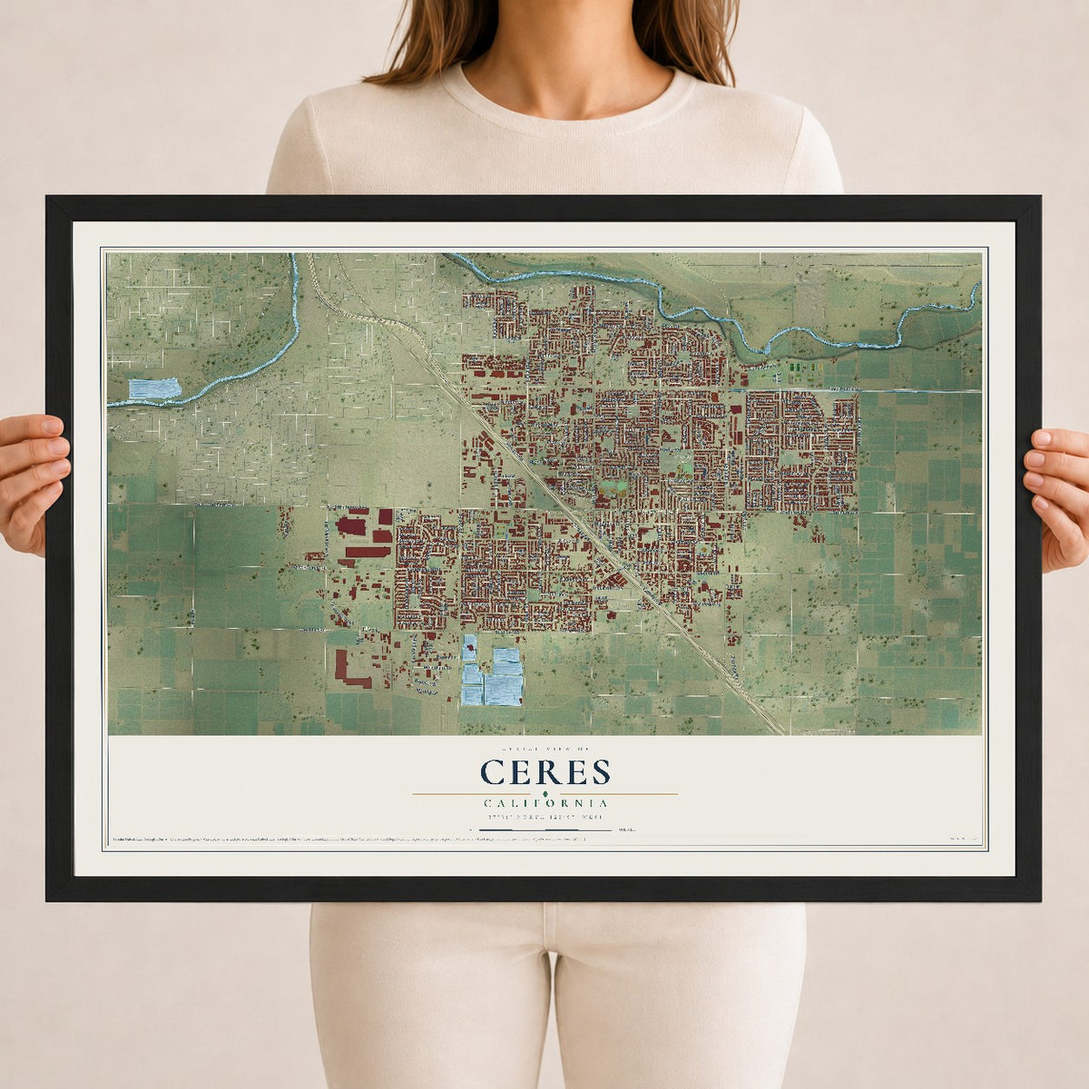 Map of Ceres, California, 18 x 24 inch print in a black wood frame