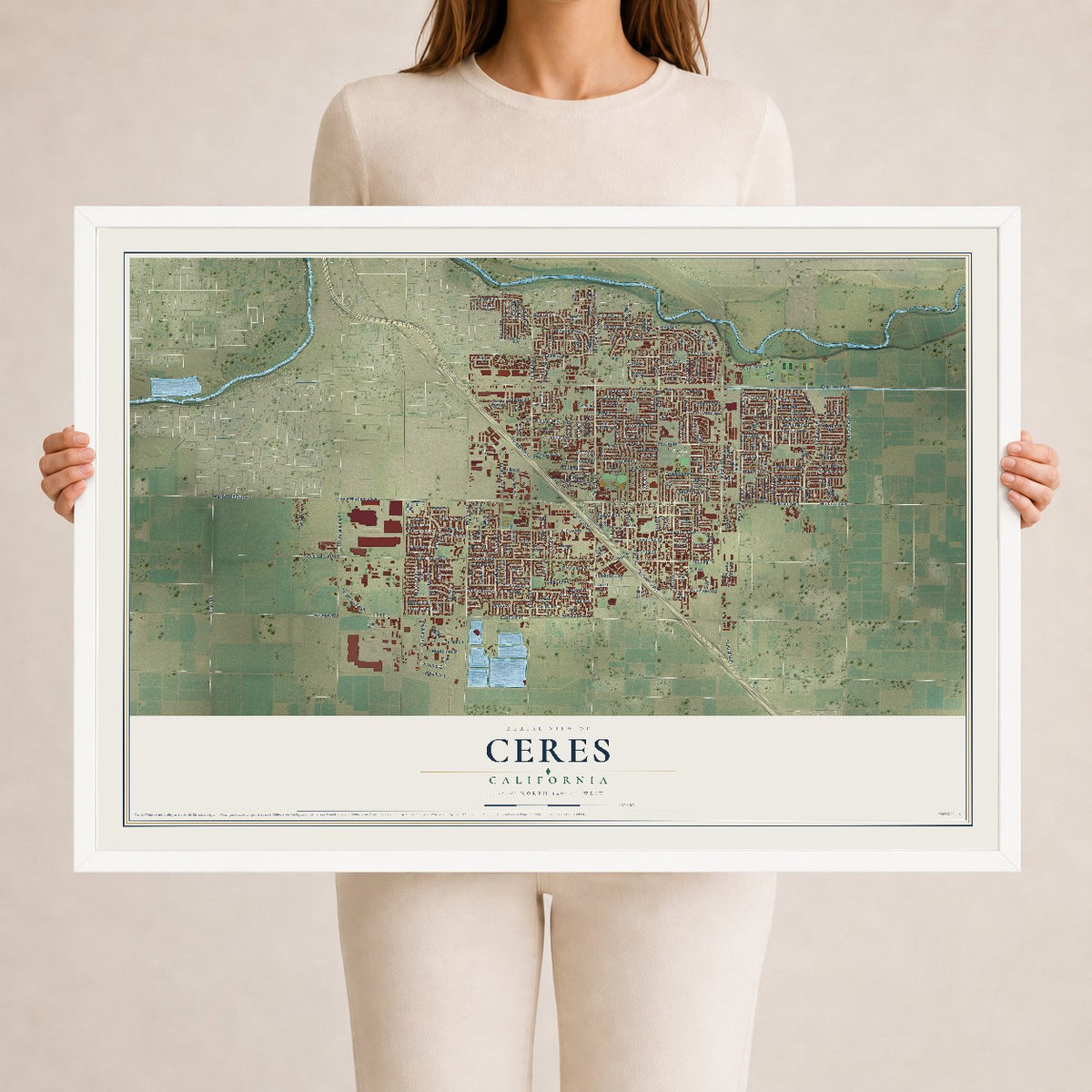 Map of Ceres, California, 24 x 36 inch print in a white wood frame