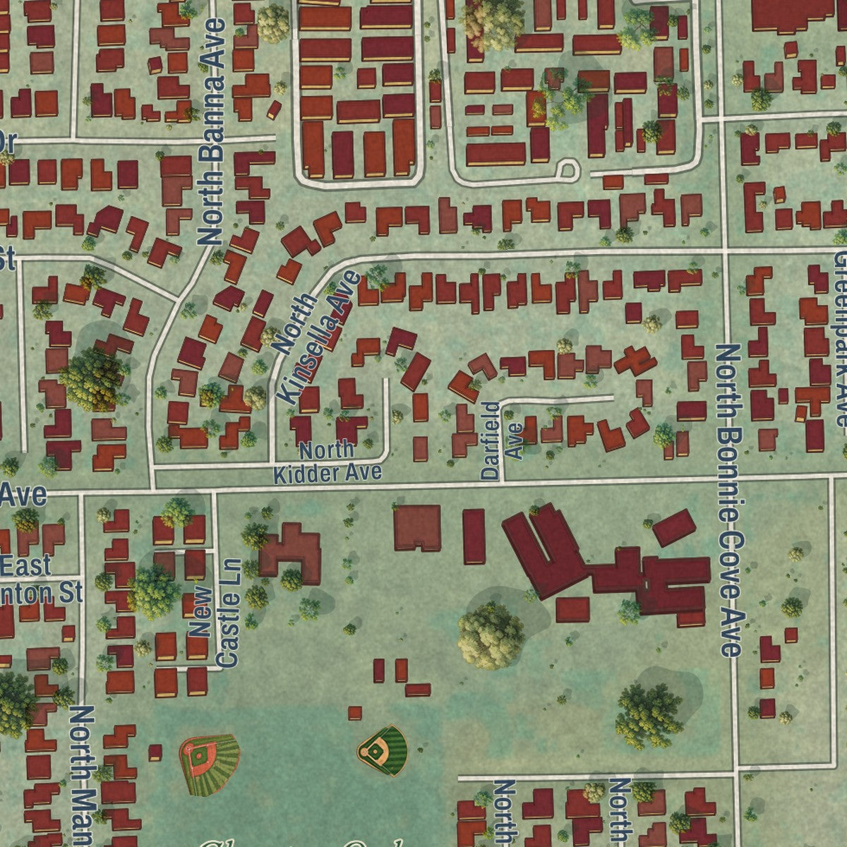 Close-up of the map of Charter Oak, California print showing street and building detail