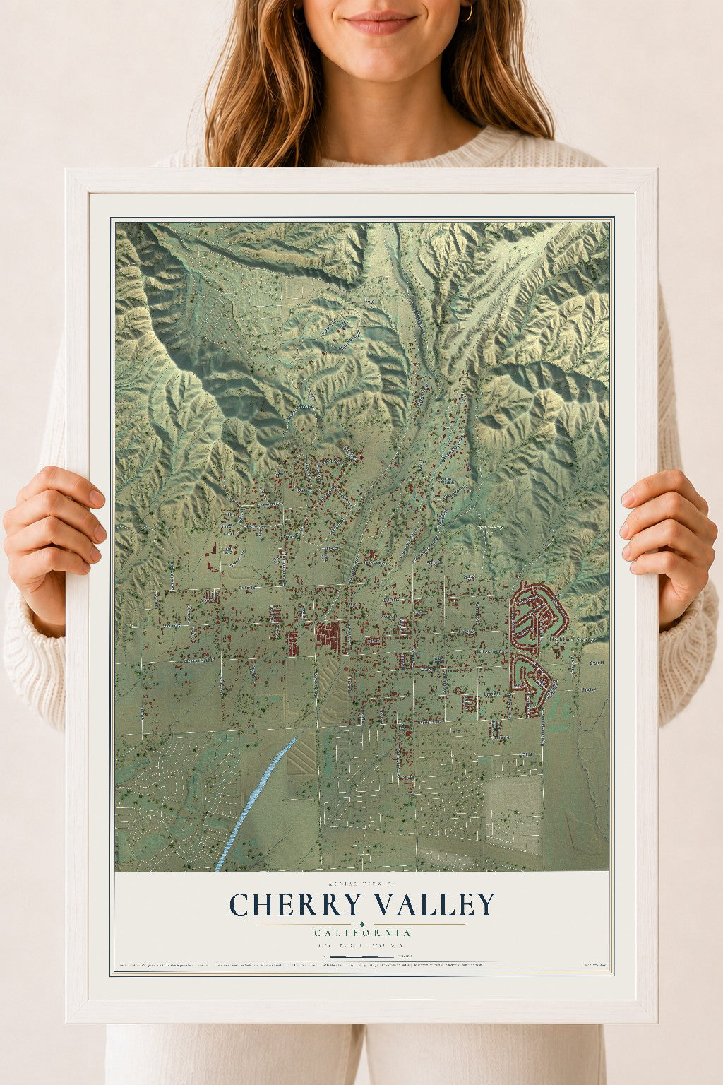 Map of Cherry Valley, California, 18 x 24 inch print in a white wood frame