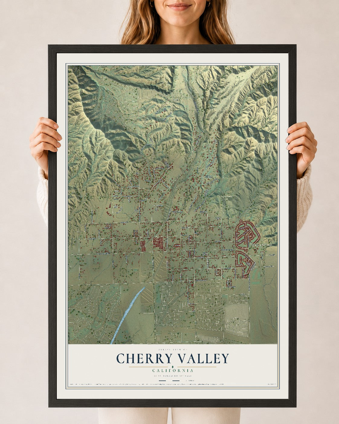 Map of Cherry Valley, California, 24 x 36 inch print in a black wood frame
