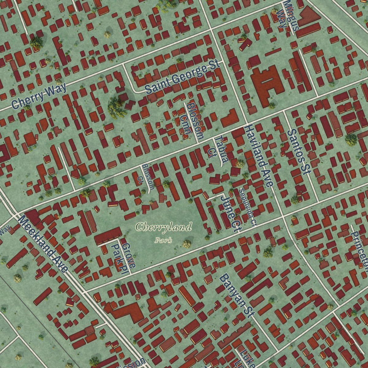 Close-up of the map of Cherryland, California print showing street and building detail