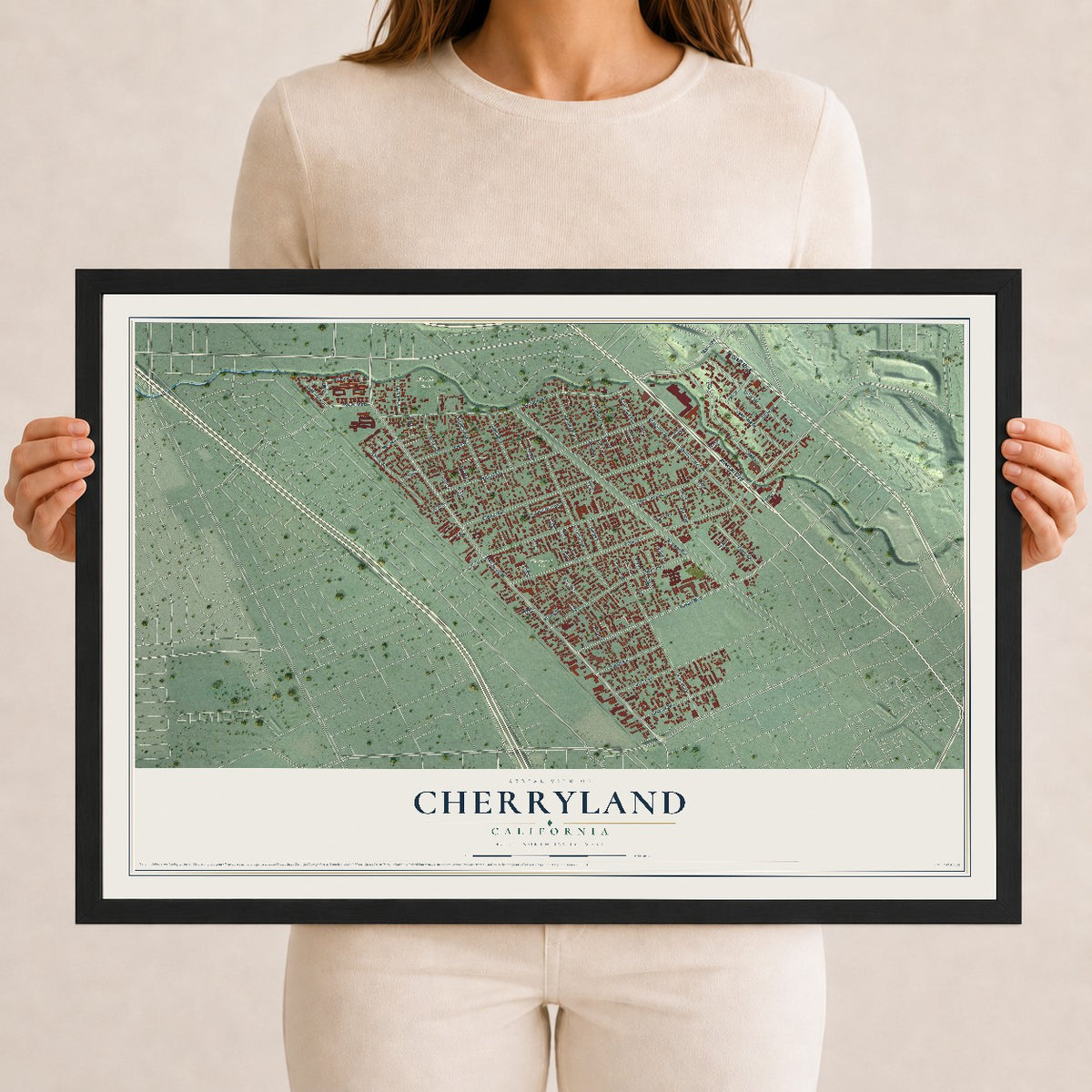 Map of Cherryland, California, 12 x 18 inch print in a black wood frame