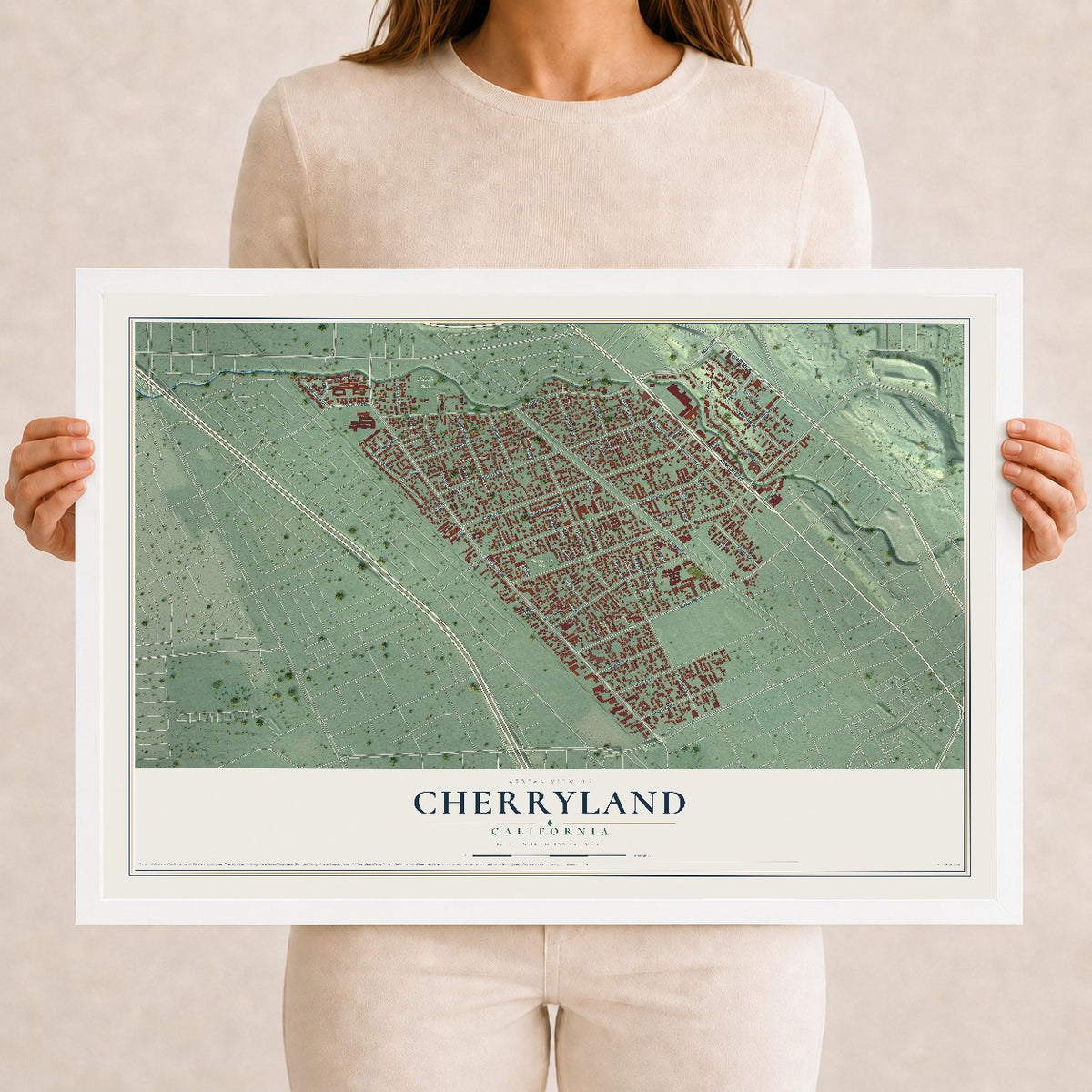 Map of Cherryland, California, 12 x 18 inch print in a white wood frame