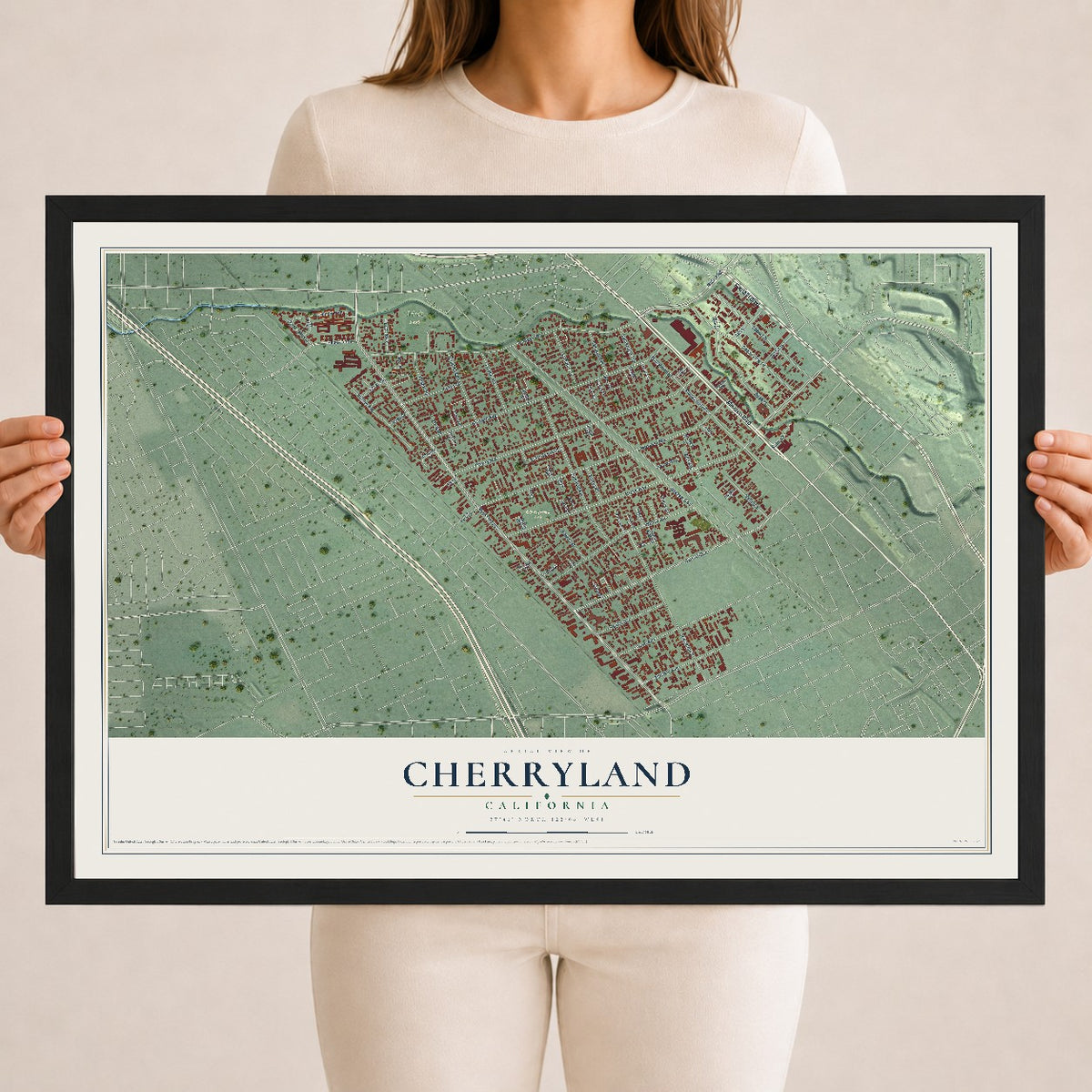 Map of Cherryland, California, 18 x 24 inch print in a black wood frame