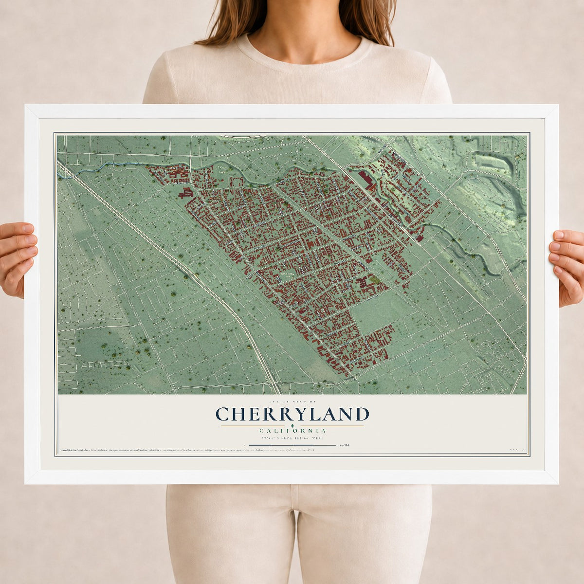 Map of Cherryland, California, 18 x 24 inch print in a white wood frame