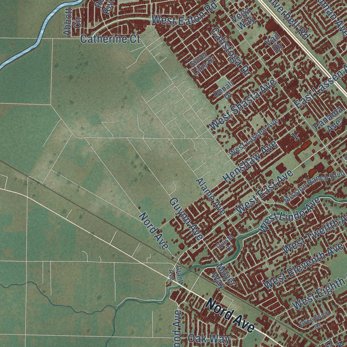 Second close-up of the map of Chico, California print showing more streets and buildings