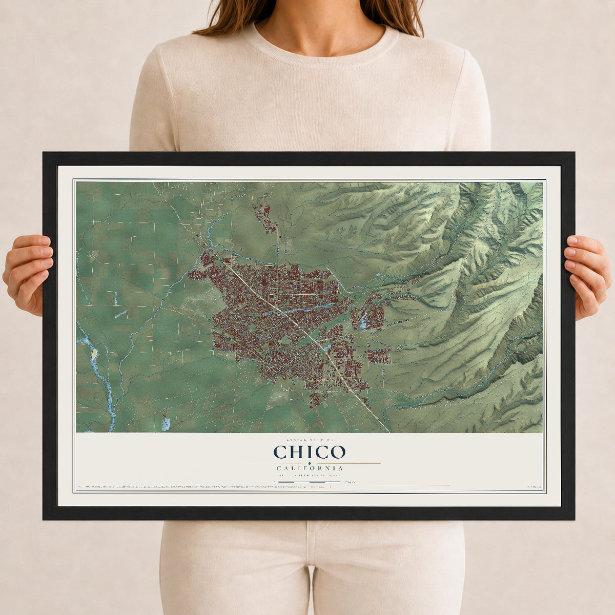 Map of Chico, California, 12 x 18 inch print in a black wood frame
