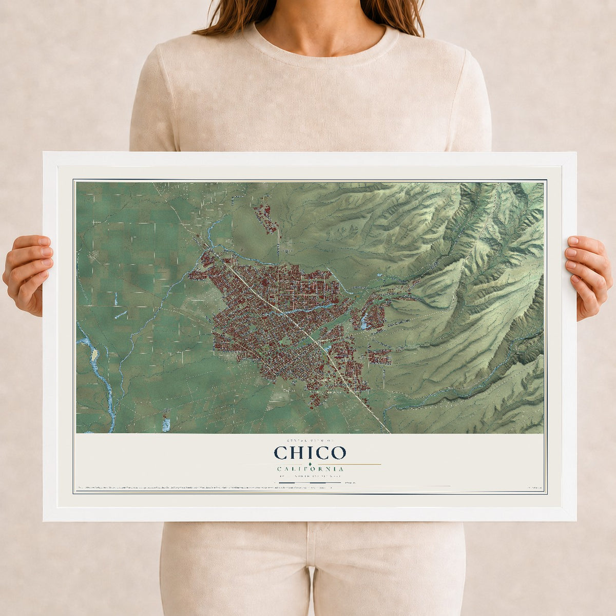 Map of Chico, California, 12 x 18 inch print in a white wood frame