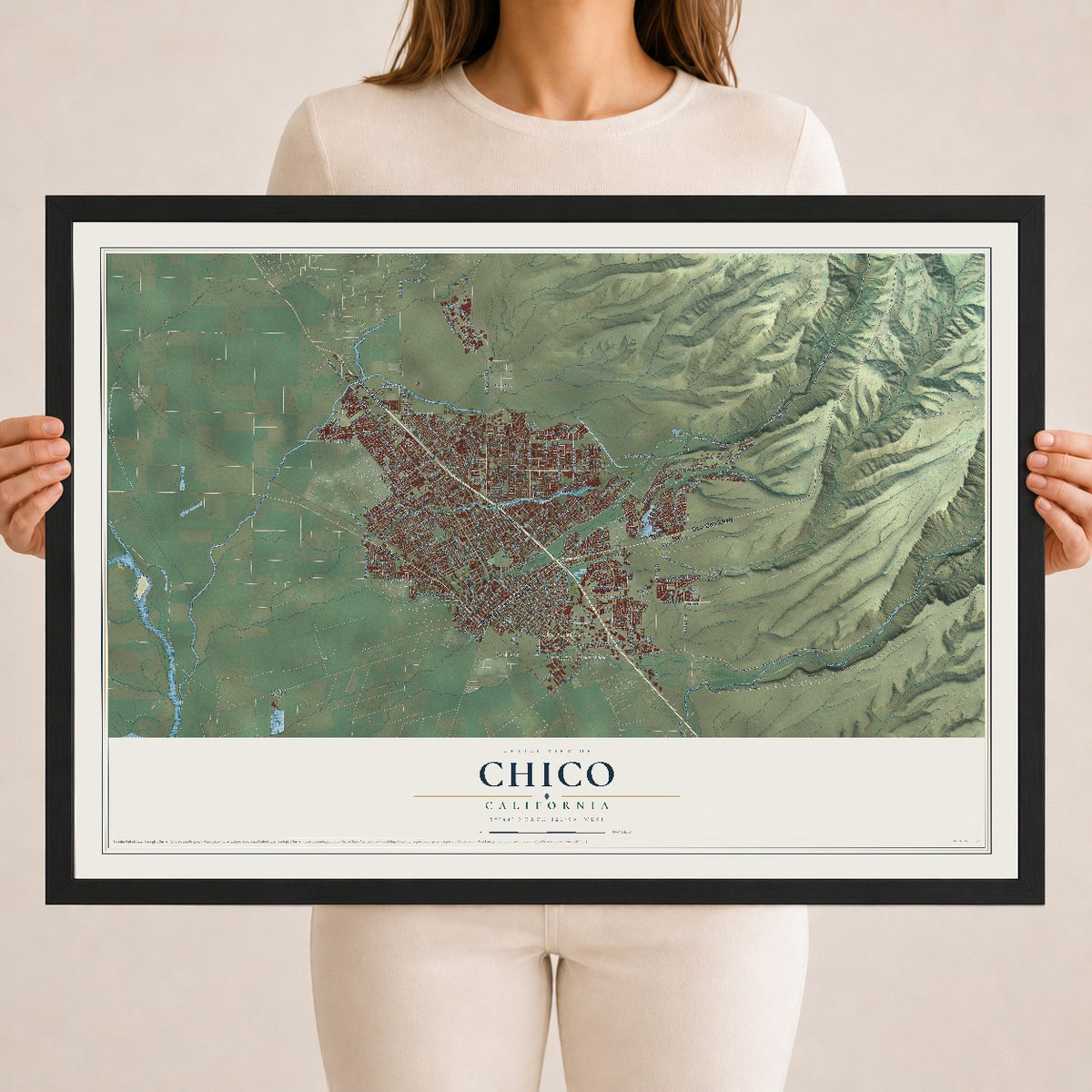 Map of Chico, California, 18 x 24 inch print in a black wood frame