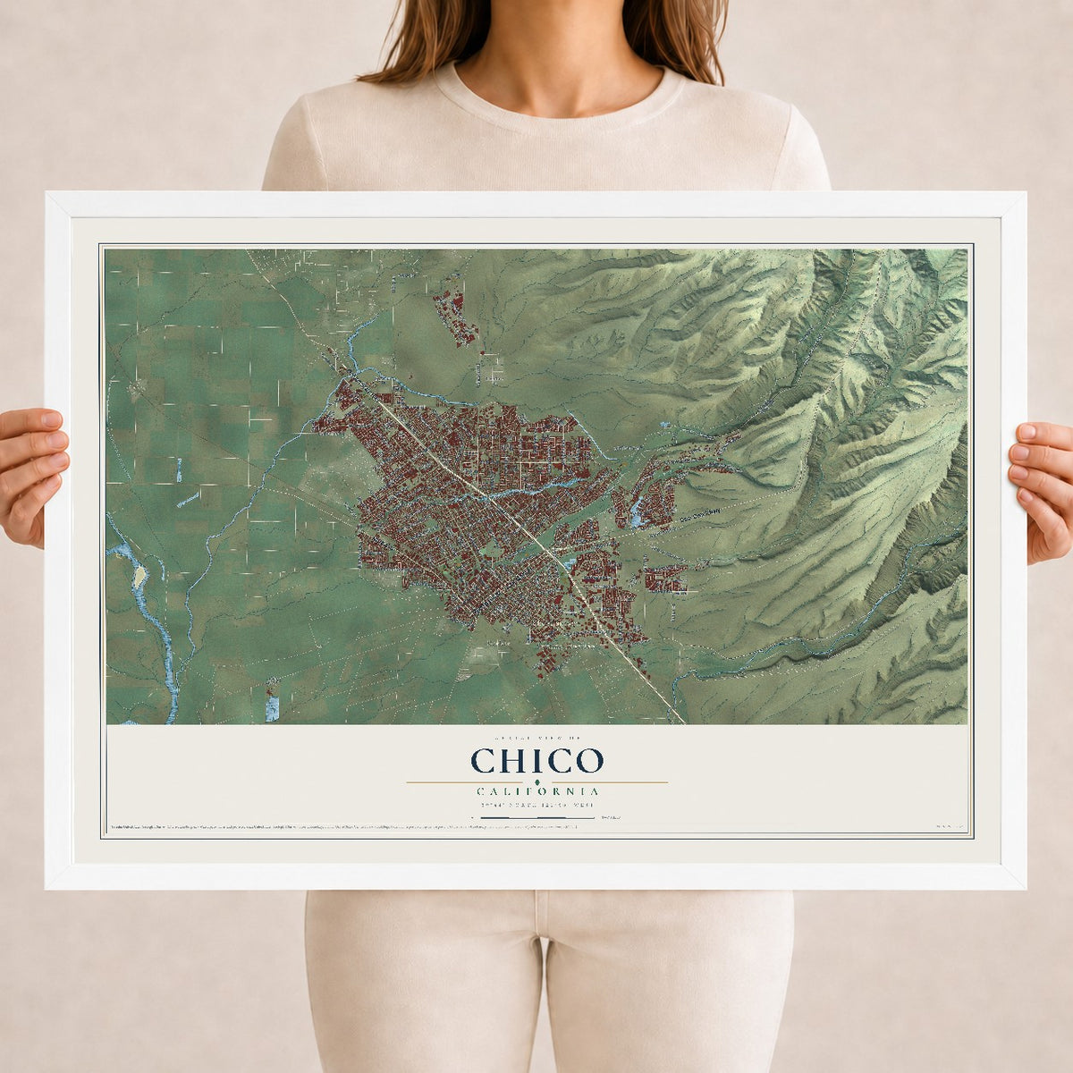 Map of Chico, California, 18 x 24 inch print in a white wood frame