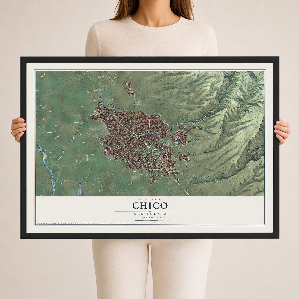 Map of Chico, California, 24 x 36 inch print in a black wood frame