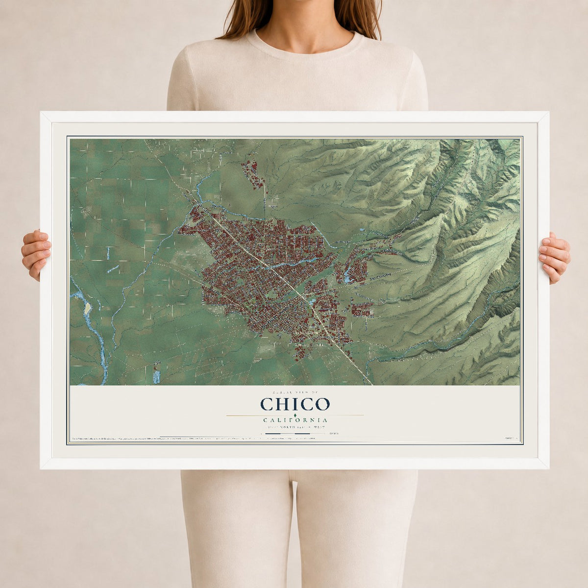 Map of Chico, California, 24 x 36 inch print in a white wood frame