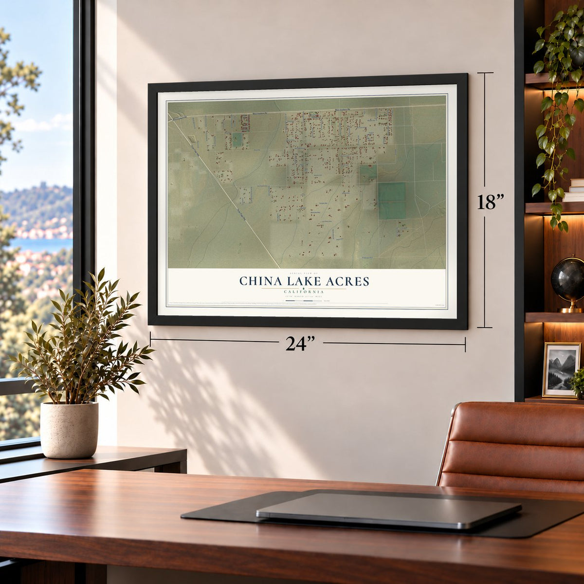 China Lake Acres, California map, 18 x 24 inch print in a black frame in a home office