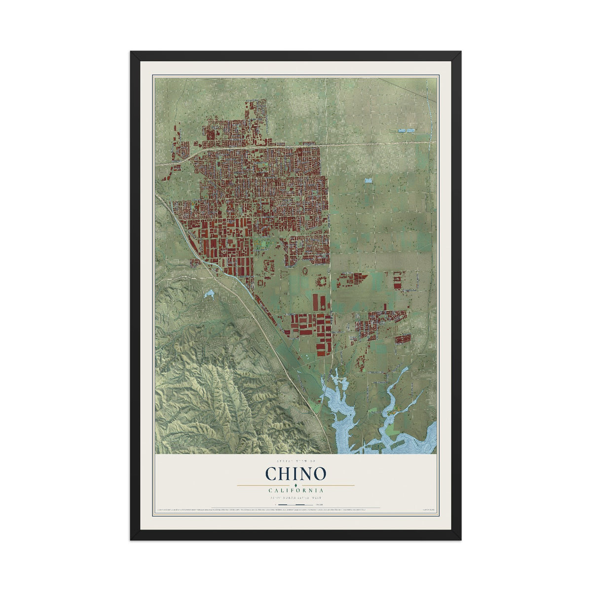 Map of Chino, California, 12 x 18 inch print in a black wood frame