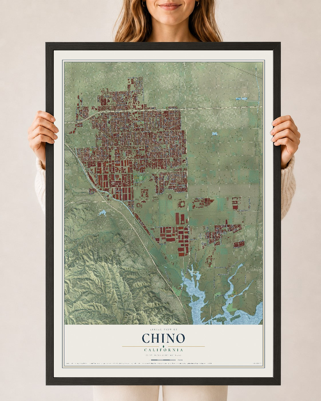 Map of Chino, California, 24 x 36 inch print in a black wood frame