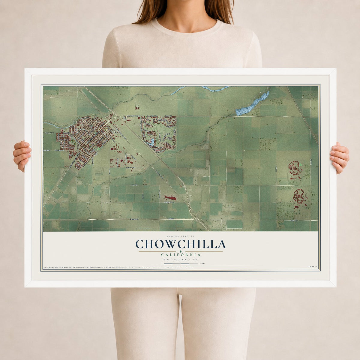 Map of Chowchilla, California, 24 x 36 inch print in a white wood frame