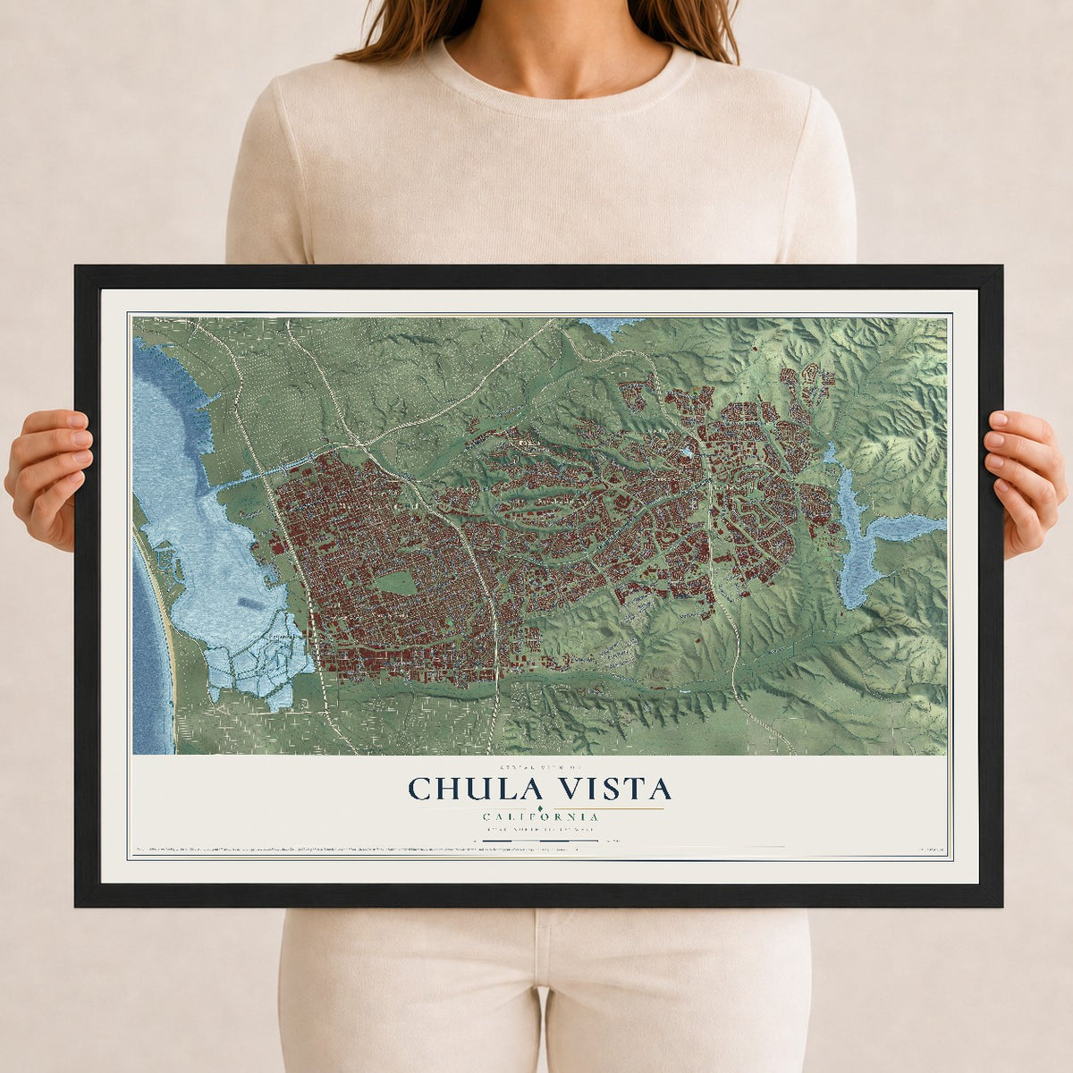 Map of Chula Vista, California, 12 x 18 inch print in a black wood frame