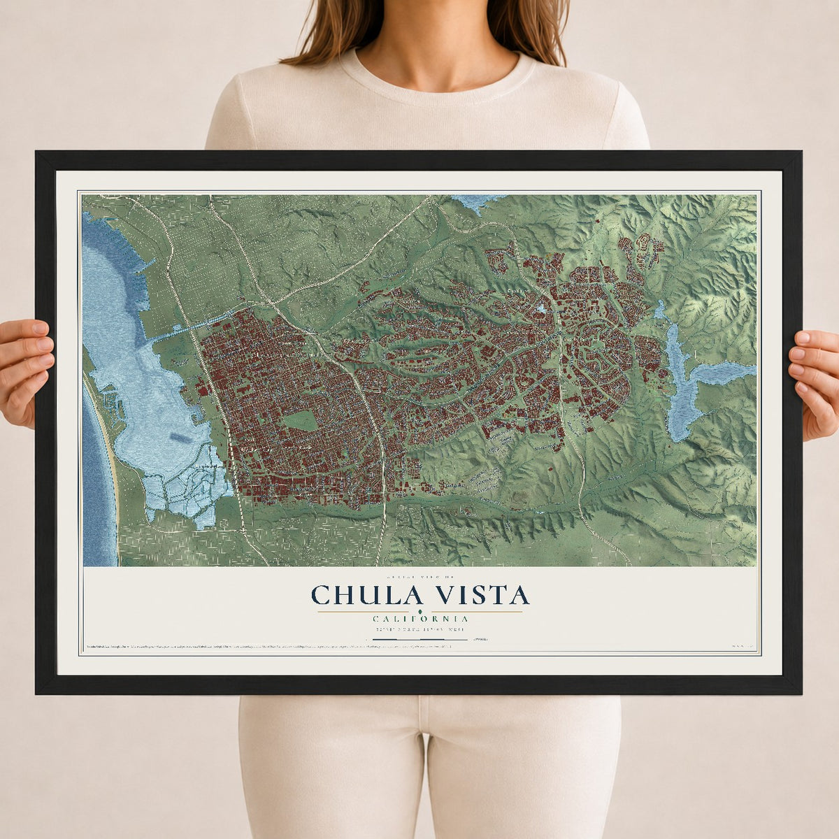 Map of Chula Vista, California, 18 x 24 inch print in a black wood frame