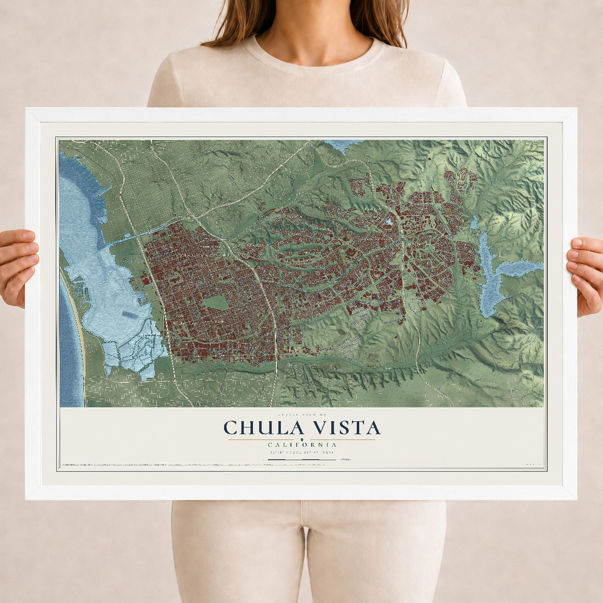 Map of Chula Vista, California, 18 x 24 inch print in a white wood frame