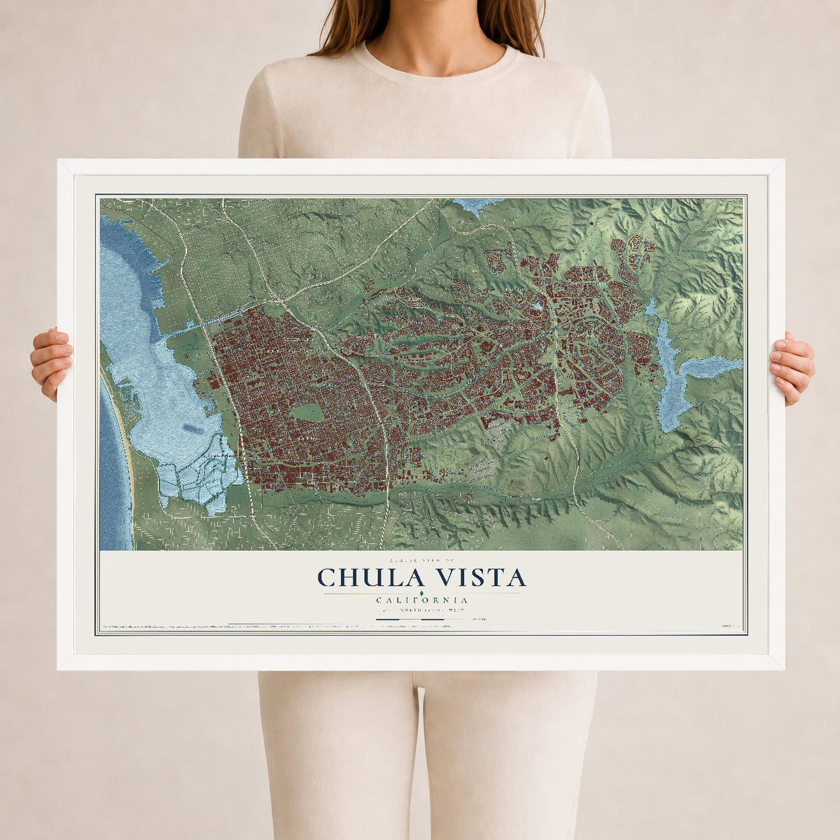 Map of Chula Vista, California, 24 x 36 inch print in a white wood frame