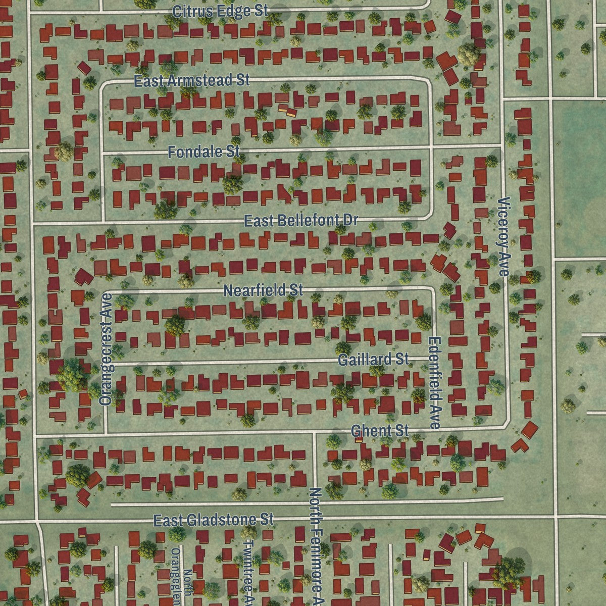 Close-up of the map of Citrus, California print showing street and building detail