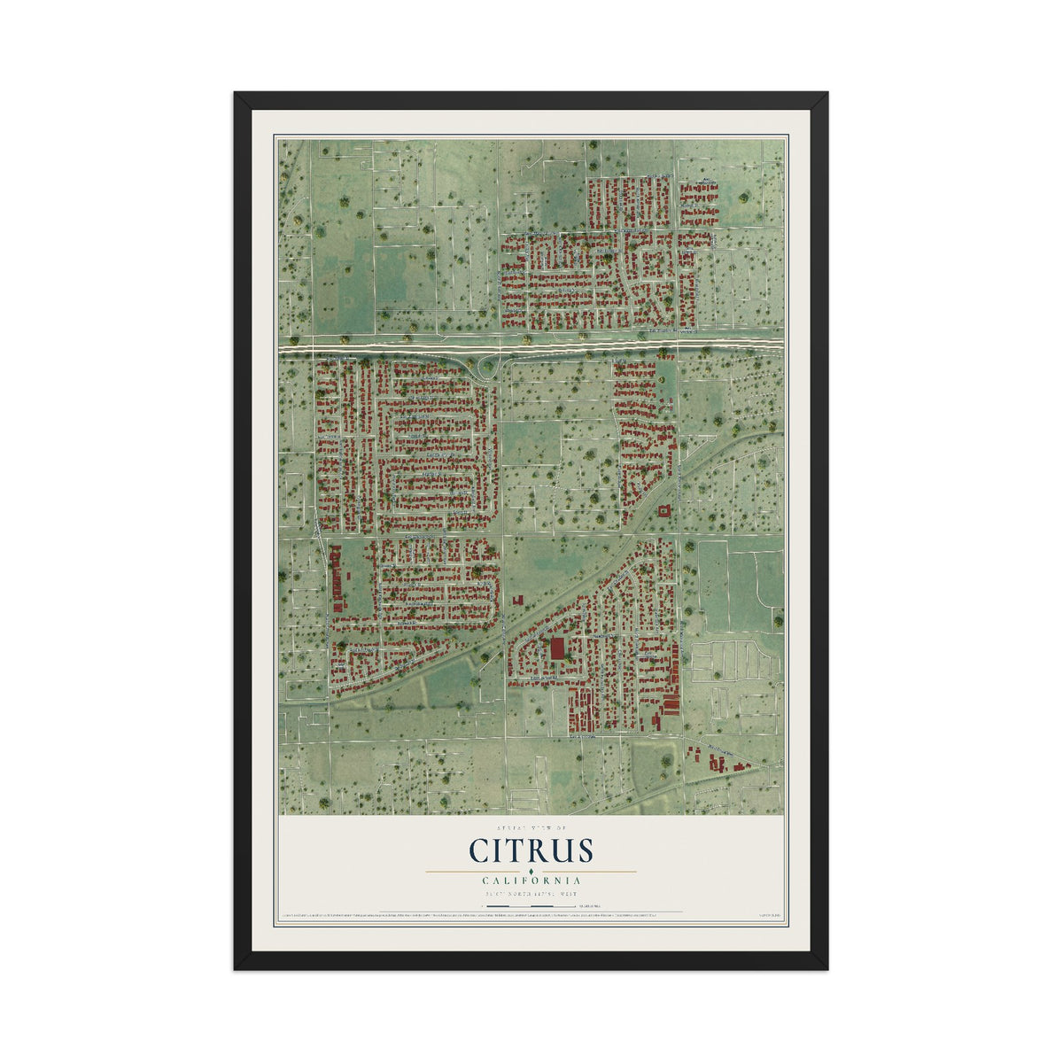Map of Citrus, California, 12 x 18 inch print in a black wood frame