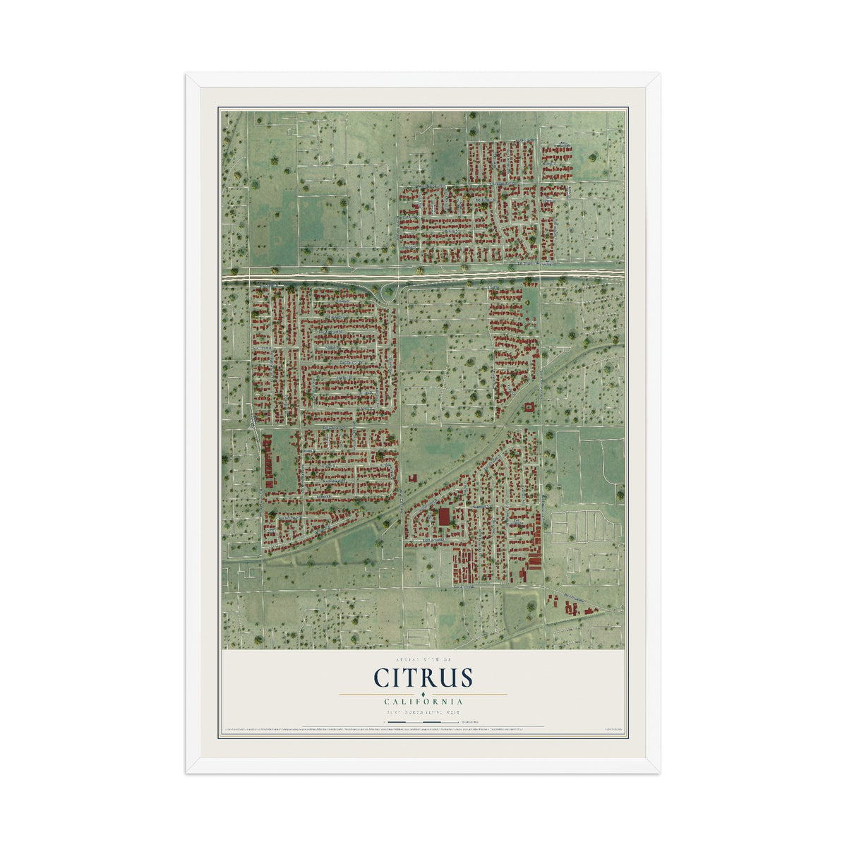 Map of Citrus, California, 12 x 18 inch print in a white wood frame