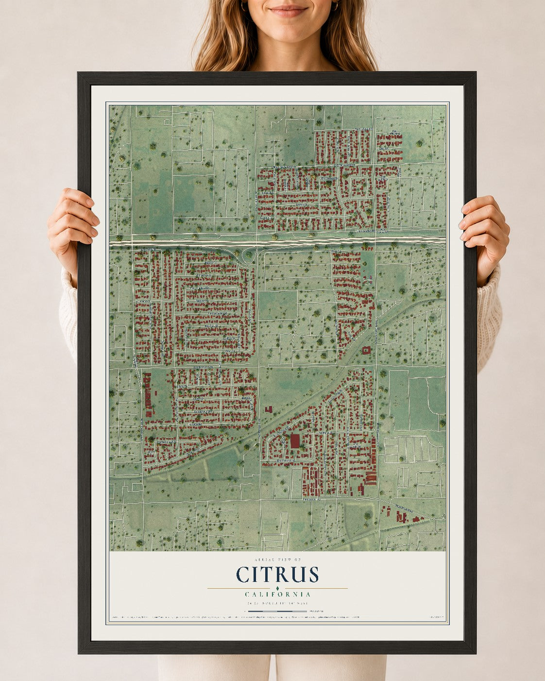 Map of Citrus, California, 24 x 36 inch print in a black wood frame