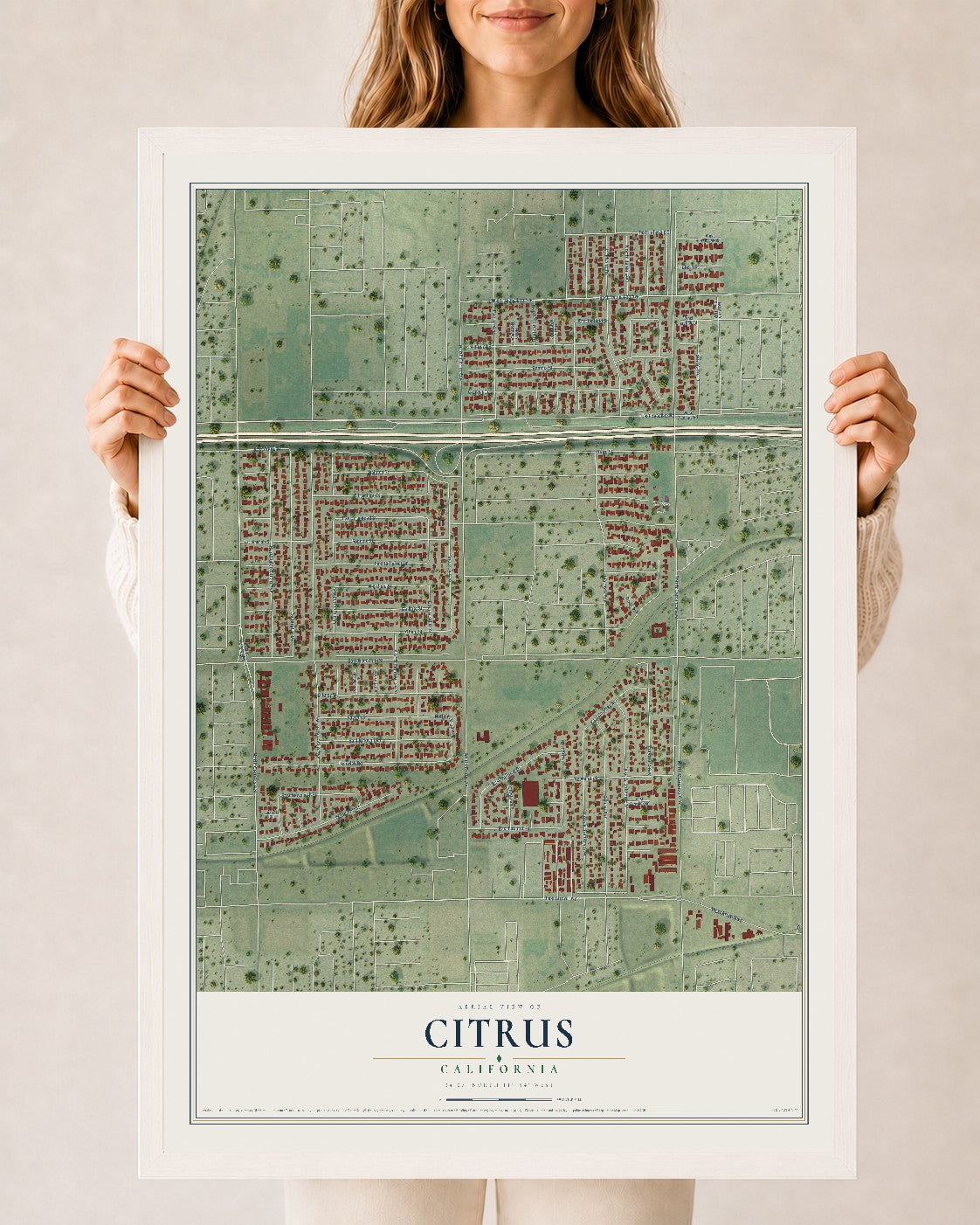 Map of Citrus, California, 24 x 36 inch print in a white wood frame